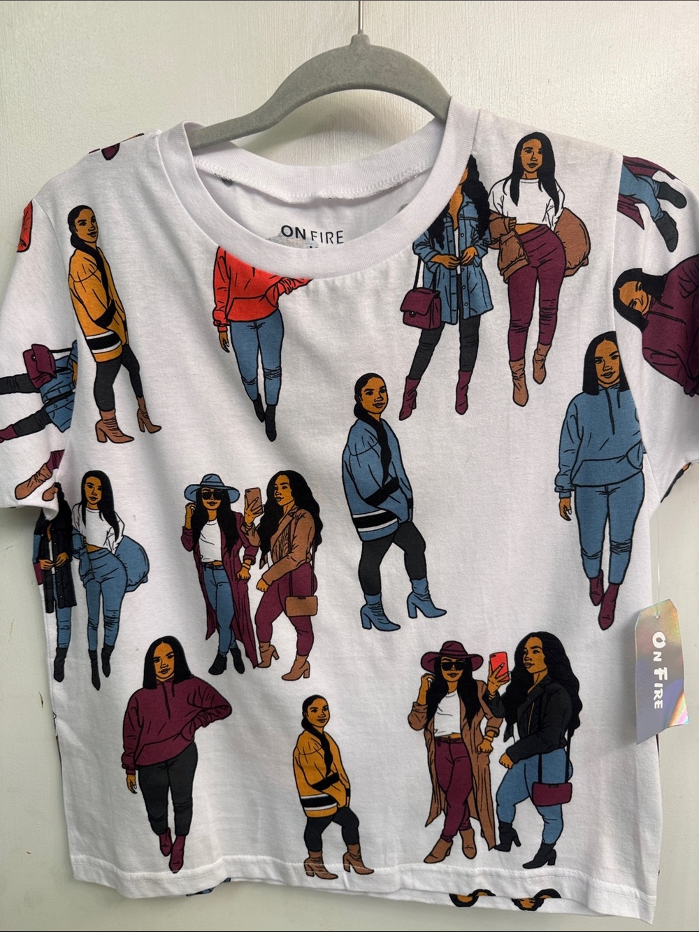 On Fire White Tee with Multicolor Fashion Illustration Print